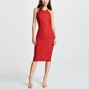 ASHLEY STEWART RED CROCHET OVERLAY SHIFT DRESS HALTER STYLE TOP AND MIDI LENGTH